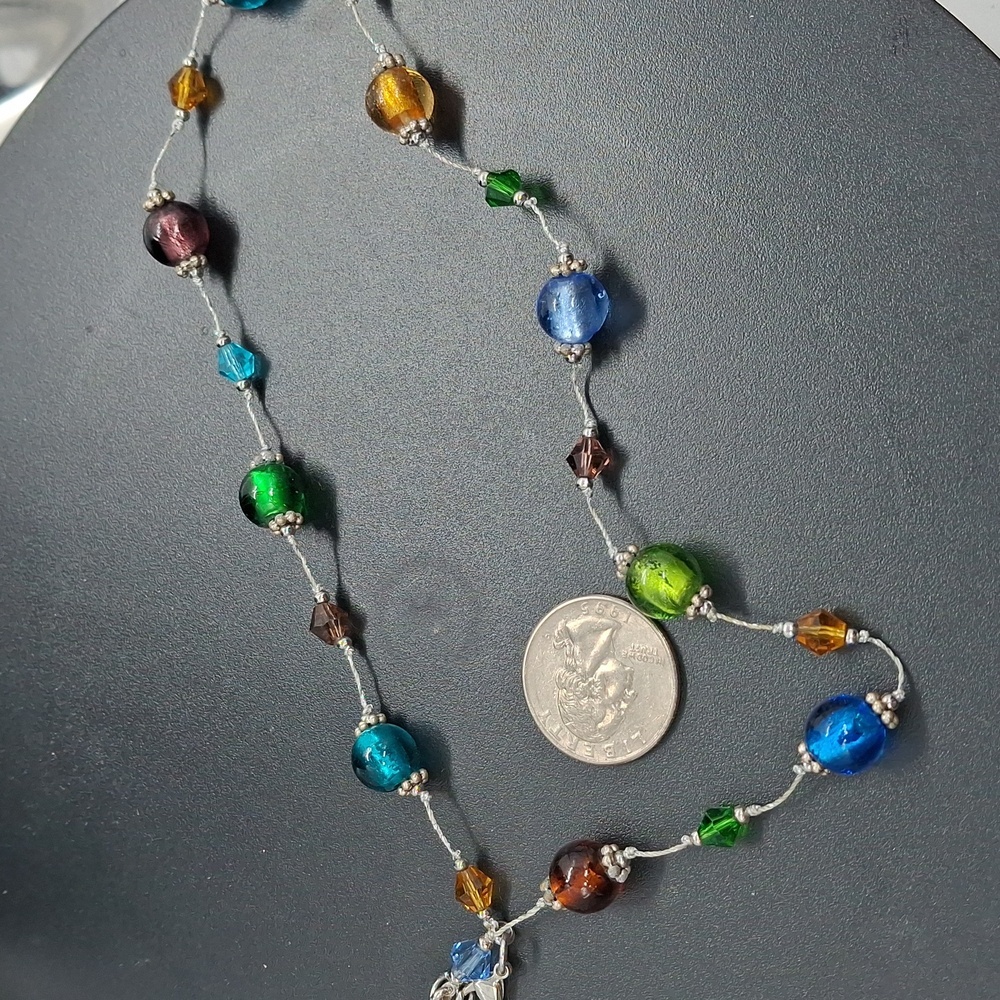 Glass Multicolor Beaded Silvertone Necklace 16"+2" - Picture 4 of 6